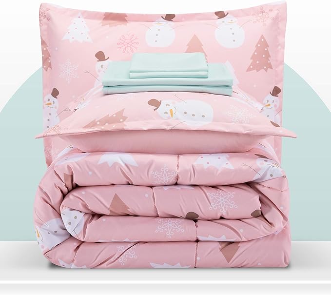 SLEEP ZONE Kids Twin Bedding Comforter Set - Super Cute & Soft Kids Bedding 5 Pieces Set with Comforter, Sheet, Pillowcase & Sham (Pink Snowman) - LeafyLoom