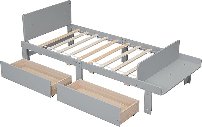 Twin Bed with 2 Drawers,Storage Platform Bed with Footboard Bench and Headboard,Pine Wood Twin Size Bed Frame High Stable for Kids,Boys,Girls,Teens, No Box Spring Needed,Grey - LeafyLoom