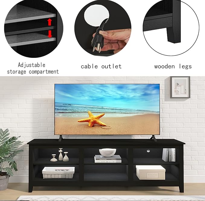 TV Stand for 75 inch TV with Storage,Modern TV Entertainment Center for Bedroom,TV Media Console Table with 6 Open Storage Shelve,63 inch Wood TV Cabinet Black - LeafyLoom