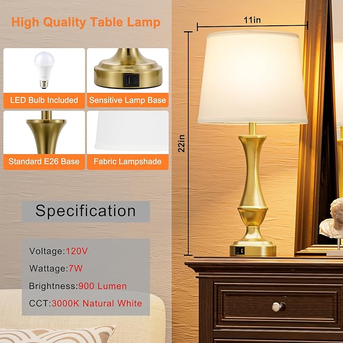 Touch Lamps for Bedrooms Set of 2 - Nightstand Table Lamp with USB C+A, 3 Way Dimmable Bedside Lamps for Living Room End Tables Set of 2, Farmhouse Night Stand Lamps(White&Gold) - LeafyLoom