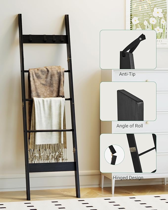 Blanket Ladder Shelf for Living Room, Decorative Wood Quilt Rack with 4 Removable Hooks, 5-Tier Farmhouse Ladder Holder Organizer for Bedroom, Black BR02104B - LeafyLoom