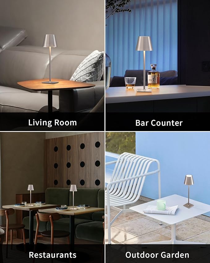 KDG 2 Pack Cordless Table Lamp,Portable LED Desk Lamp, 5000mAh Battery Operated, 3 Color Stepless Dimming Up, for Restaurant/Bedroom/Bars/Outdoor Party/Camping/Coffee Shop Night Light(Brushed Nickel) - LeafyLoom