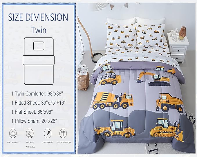 Twin Size Comforter Set for Boys, 4-Piece Bed in a Bag, 3D Construction Bedding Comforter Sheet Set, Ultra Soft and Fluffy, Cartoon Truck Cars - LeafyLoom