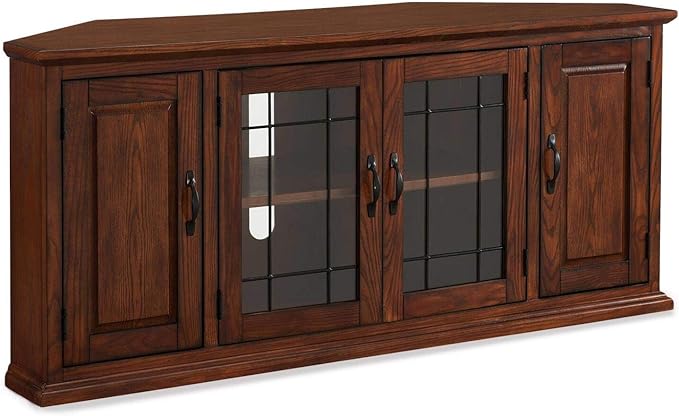 Leick Home Leaded Glass Corner Stand with Enclosed Storage for 60" TV's, Burnished Oak - LeafyLoom