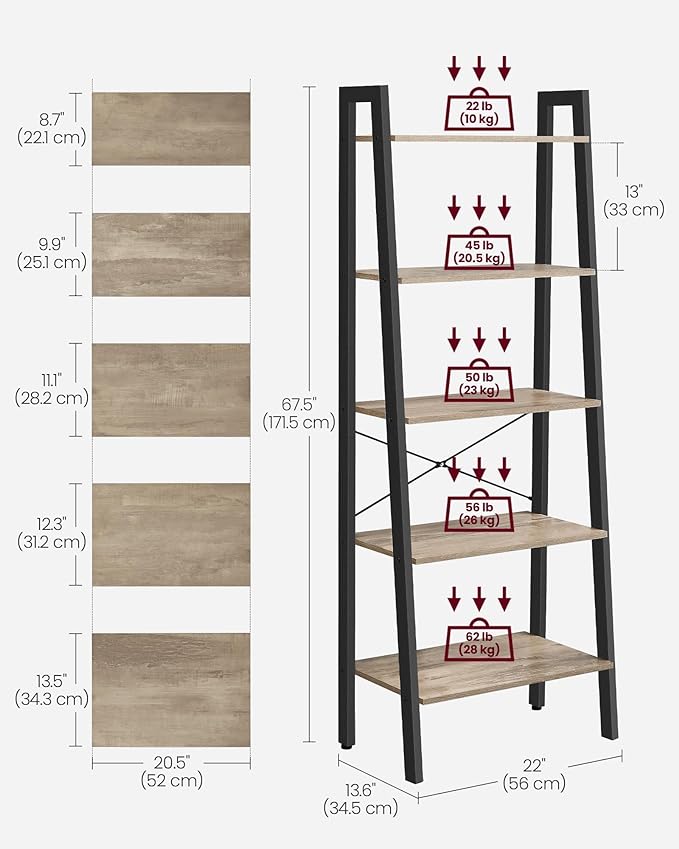 VASAGLE Ladder Shelf, 5-Tier Bookshelf, Storage Rack, Bookcase with Steel Frame, for Living Room Home Office, Kitchen, Bedroom, Industrial Style, Camel Brown + Black - LeafyLoom