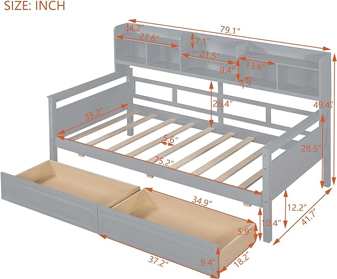 Merax Twin Wood Daybed with Bedside Shelves and Two Drawers Sofa Bed Frame for Kids Boys Girls/No Box Spring Needed Gray - LeafyLoom