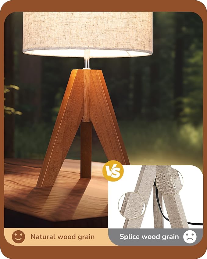 EDISHINE Tripod Table Lamp, Small Cute Bedside Lamp with Linen Beige Lampshade, Nightstand Lamp for Nursery, Bedroom, Kid Room, Living Room, Light Brown Wooden Base, E26 Socket, 14.2 Inch - LeafyLoom