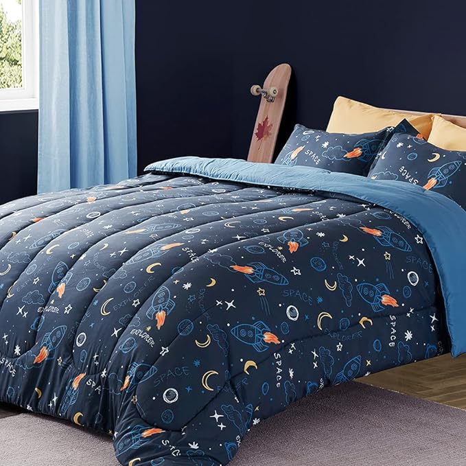 SLEEP ZONE Kids Twin Bedding Comforter Set - Super Cute & Soft Kids Bedding 5 Pieces Set with Comforter, Sheet, Pillowcase & Sham (Space Rocket) - LeafyLoom