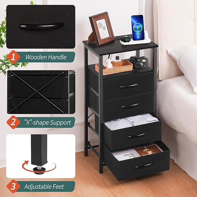 Yoobure Night Stand - LED Black Nightstand with Charging Station, Bedside Table with 4 Storage Drawers and Storage Shelf, End Table with USB Ports and Outlets, Fabric Tall Dresser for Bedroom - LeafyLoom