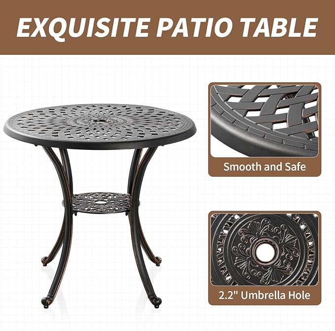 Cast Aluminum Patio Dining Set, Outdoor Bistro Set, 31.5"" Round Patio Table with Umbrella Hole, 2 Patio Chairs for Yard Porch Garden Balcony, Bronze 4 - LeafyLoom