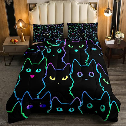 Erosebridal Kids Bedding Cartoon Cat Comforter Set Twin Size,Gradient Line Cute Cat Bedding Set for Teens Boys Girls Adults Room Decor,Lovely Animal Kitten Print Comforter All Season,Rainbow Black - LeafyLoom