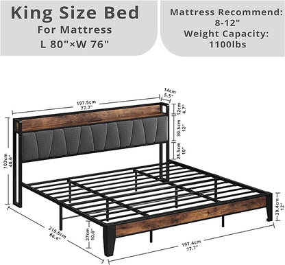 LIKIMIO King Size Bed Frame, Storage Headboard with Charging Station, Solid and Stable, Noise Free, No Box Spring Needed, Easy Assembly - LeafyLoom