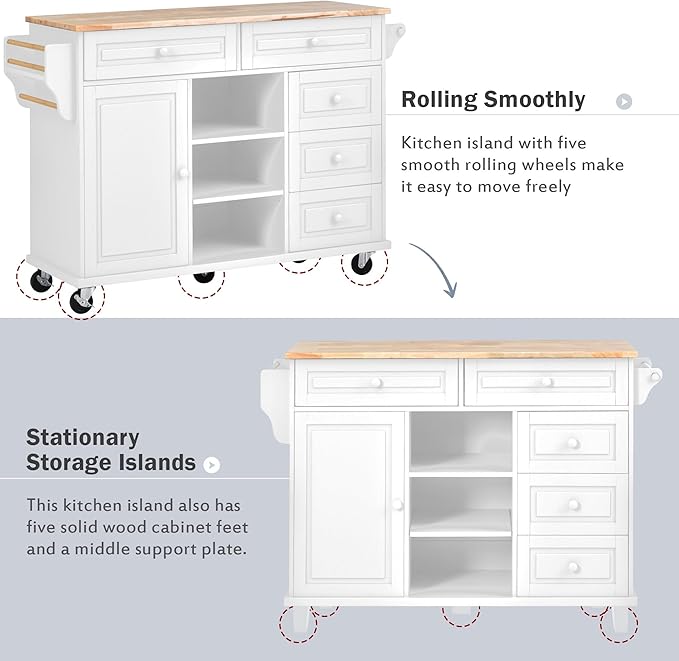 Kitchen Island with Storage Cabinets, Rolling Mobile Kitchen-cart w/Rubber Wood Desktop and 5 Drawers & Open Shelves, Sideboard for Dining Room, Home Bar - LeafyLoom