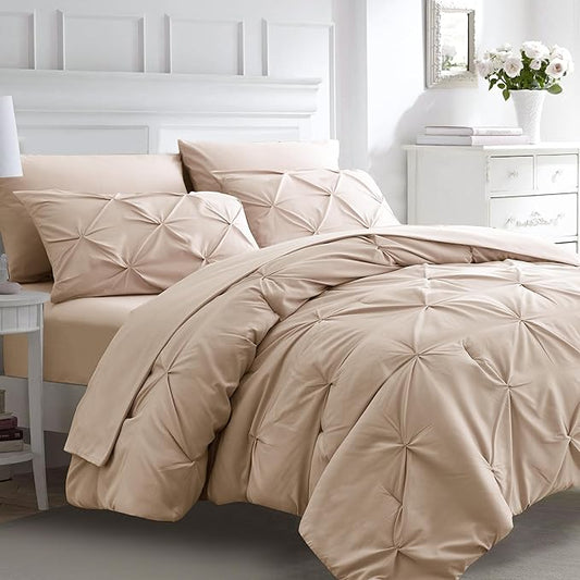 Ubauba 7pc Beige King Size Comforter Set with Sheets, 7 Piece Pintuck Bed in a Bag Ivory Bed Set with Comforter, Off White Bedding Comforters & Sets (Cream, King) - LeafyLoom