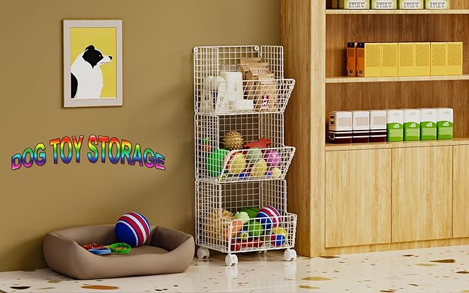 3 Tier Rolling Wire Toy Organizer Basket - with Wheel, S-Hooks, Toy Storage Cart Wall Bookshelf for Kids Room, Playroom, Bedroom (White, Standard) - LeafyLoom