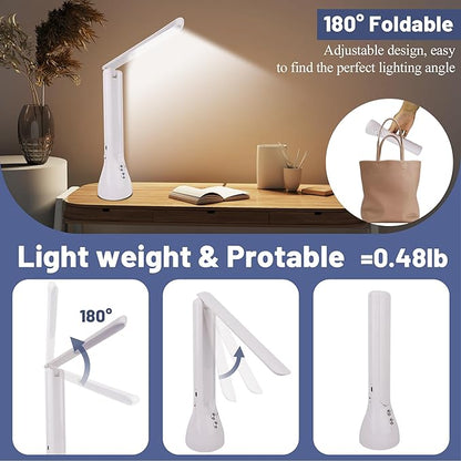 2-in-1 LED Desk Lamp Base with Flashlight for Home Office, Rechargeable, 3 Lighting Modes, Foldable & Portable Light, Cordless Table Bedside lamps, White - LeafyLoom