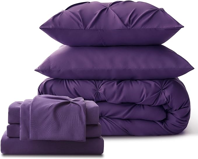 Bedsure Purple Comforter Set Queen - Bed in a Bag Queen 7 Pieces, Pintuck Bedding Sets Purple Bed Set with Comforter, Sheets, Pillowcases & Shams - LeafyLoom