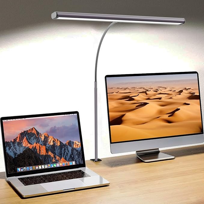 LED Desk Lamp for Home Office, Eye-Caring Computer Desk Light Bar with Adjustable Gooseneck, 12W Desk Lamp with Clamp, Remote Control, 30 Lighting Modes, Ideal for Reading, Studying - LeafyLoom