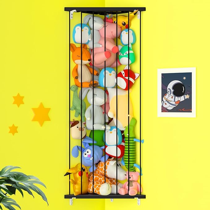 Stuffed Animal Storage Toy Organizer: Corner Stuff Animals Holder for Wall with Adjustable Length - Kids Plush Toys Storage for Nursery Playroom Bedroom Kids Room(Black) - LeafyLoom