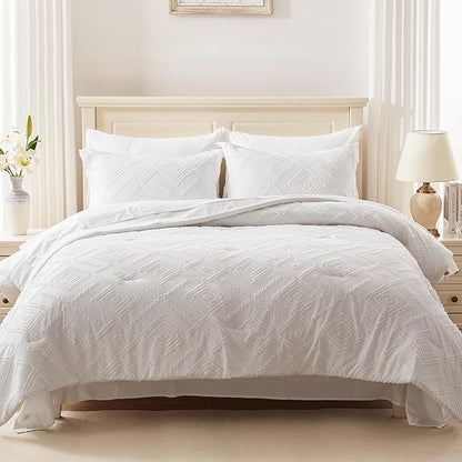 EMME King Comforter Set - 7 Pcs White Boho Comforter Set, Tufted King Size Bedding Sets with Sheets, Shabby Chic Embroidery Bed Set Fluffy Bed Bag for All Season(102"X90") - LeafyLoom