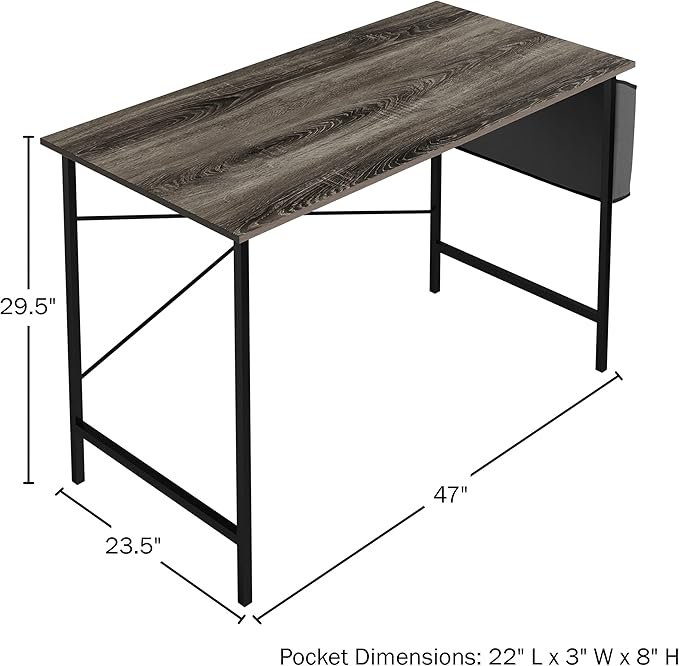 Lavish Home Modern Computer Desk with Industrial Style Woodgrain Look and Steel for Home Office, Bedroom, or Craft Table, with Storage Bag, (L) 47” x (W) 23.5” x (H) 29.5”, Gray - LeafyLoom