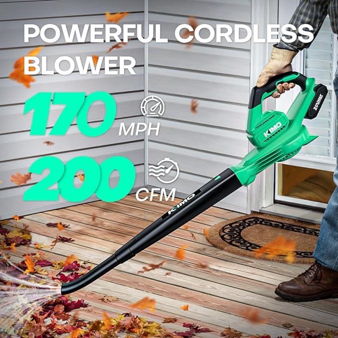 K I M O. Leaf Blower Cordless with Battery and Charger, 2X2.0 Batteries, Extension Tube, 200 CFM 170 MPH Lightweight Cordless Leaf Blower, Battery Operated Leaf Blowers for Lawn Care, Yard|Patio|House - LeafyLoom