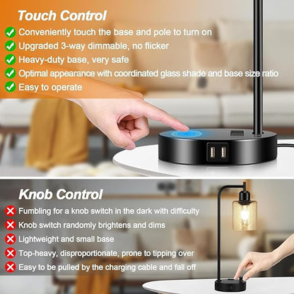 Set of 2 Industrial Touch Control Table Lamps with 2 USB Ports and AC Outlet - 3-Way Dimmable Black Bedside Lamps Nightstand Desk Lamps for Bedroom Living Room, Glass Shade & 2 LED Bulbs Included - LeafyLoom