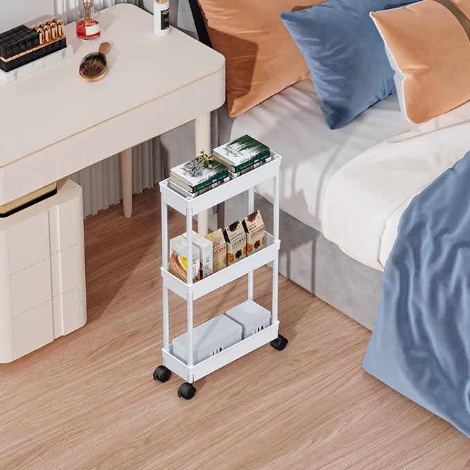 Sooyee 3 Tier Rolling Cart with Wheels,Slim Storage Cart,Narrow Storage Cabinet,Under Desk Storage,Rolling Utility Cart Storage Organizer for Office Bathroom Kitchen Laundry Room Narrow Places, White - LeafyLoom