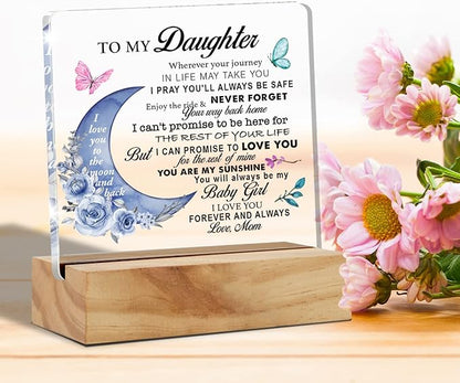 Daughter Gift From Mom, to My Daughter Wherever Your Journey in Life Desk Decor Moon Acrylic Desk Plaque Sign with Wood Stand Home Office Table Desk Sign Keepsake - LeafyLoom