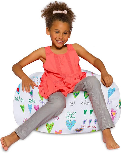 Posh Creations Bean Bag Chair for Kids, Teens, and Adults Includes Removable and Machine Washable Cover, Canvas Multi-Colored Hearts on White, 27in - Medium - LeafyLoom