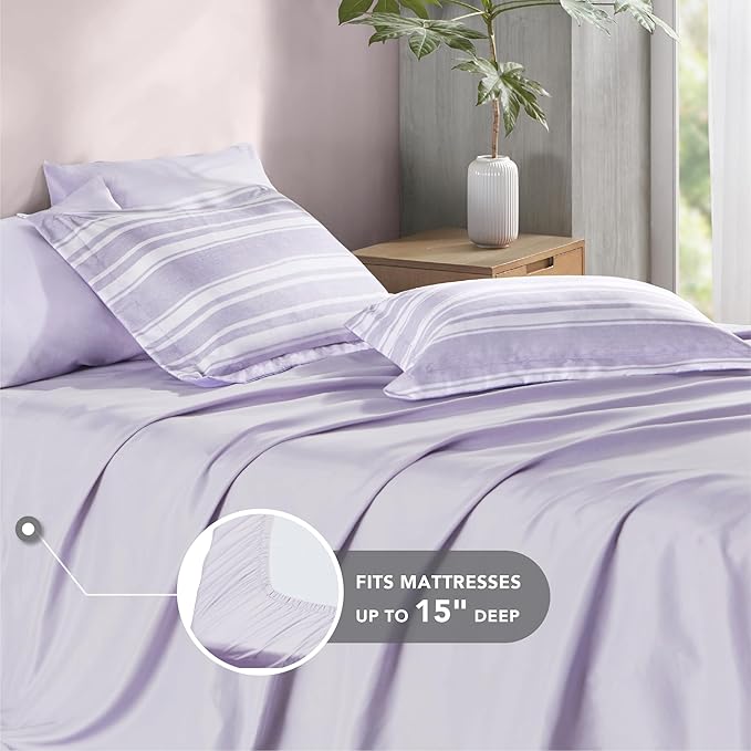 Codi Full Comforter Set 7 Piece, Lavender Purple Striped Bed in a Bag Reversible for All Seasons, Cationic Dyeing Bedding Sets with Comforter, Sheets, Pillowcases & Shams - LeafyLoom