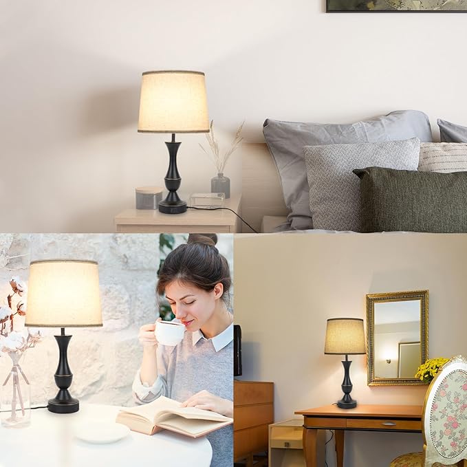 Touch Lamps for Bedrooms Set of 2, Farmhouse Table Lamp with USB C Charging Port, 3 Way Dimmable Nightstand Lamps with Linen Fabric Lampshade for Bedroom, Living Room (Pack2-Black) - LeafyLoom