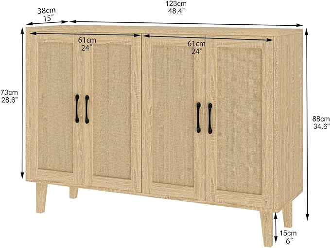 Panana Buffet Storage Cabinet with Rattan Decorating 4 Doors Living Room Kitchen Sideboard 48.43 x 34.65 x 15 inch (Natural Wood) - LeafyLoom