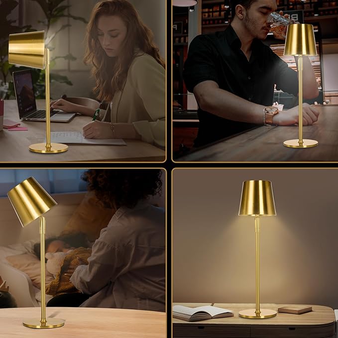 Cordless Table Lamp,Portable LED Desk Lamp, Battery Operated, 3 Color Stepless Dimming Up, for Restaurant/Bedroom/Bars/Outdoor Party/Camping/Coffee Shop Night Light。 (Gold) - LeafyLoom