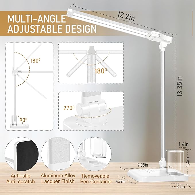 LED Desk Lamp Dimmable Table Lamp with USB Charging Port, 50 Lighting Modes, Adjustable Foldable Dual Swing Arm Architect Desk Lamp for Home Office, Eye-Caring Reading Lamp w/ Pen Holder 45min Timer - LeafyLoom