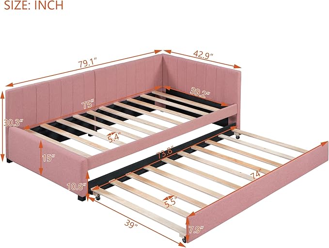 Twin Size Upholstered Linen Daybed with 2 Trundle,Semi-Closed Design,Solid Wood Bed Frame,W/Backrest and Slat Support,No Box Spring Needed,for Apartment Bedroom,Pink - LeafyLoom