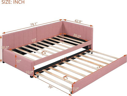 Twin Size Upholstered Linen Daybed with 2 Trundle,Semi-Closed Design,Solid Wood Bed Frame,W/Backrest and Slat Support,No Box Spring Needed,for Apartment Bedroom,Pink - LeafyLoom