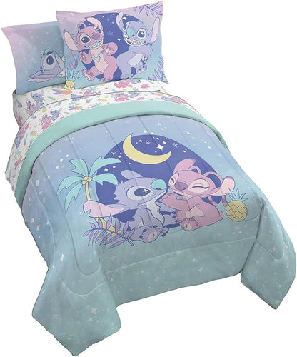 Disney Lilo and Stitch Full Size Comforter Set - 7 Piece Floral Bedding includes Sheet Set & Pillow Covers Features Angel - Super Soft Purple & Teal Stars Kids Bedding - LeafyLoom