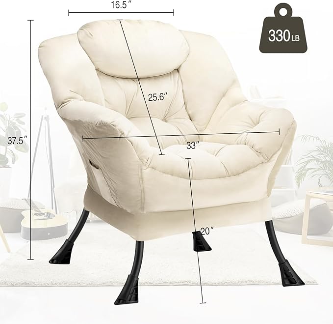 Fabric Lazy Chair Large Accent Chair,Velvet Frabic Modern Lounge Reading Chair with Armrests & Side Pocket,Upholstered Armchair for Living Room,Bedroom,Dorm,Beige - LeafyLoom