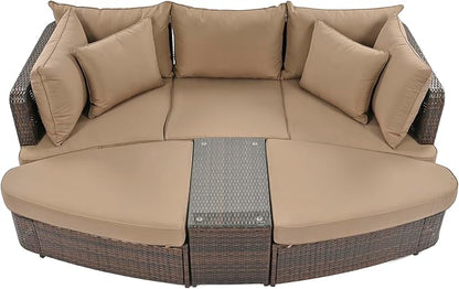 6-Piece Patio Round Sofa Set Rattan Daybed with Coffee Table and Cushions, Outdoor Furniture Conversation Sectional Seating Group for Garden, Poolside, Backyard, Brown - LeafyLoom