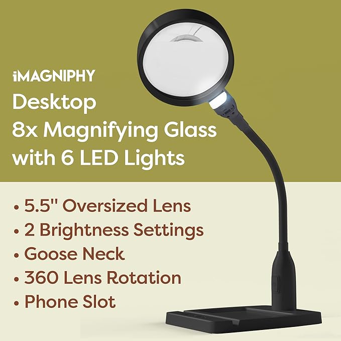 8X Desk Magnifying Light - Magnifying Glass for Reading and Crafts with 6 LEDs (No Glare, No Flickering) - Magnifying Lamp with Light and Stand, 2 Brightness Settings - Ideal for Seniors - LeafyLoom