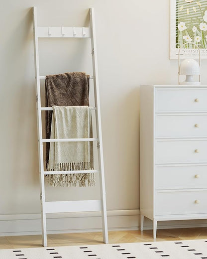 Blanket Ladder Shelf for Living Room, Decorative Wood Quilt Rack with 4 Removable Hooks, 6-Tier Farmhouse Ladder Holder Organizer for Bedroom, White BR31513W - LeafyLoom