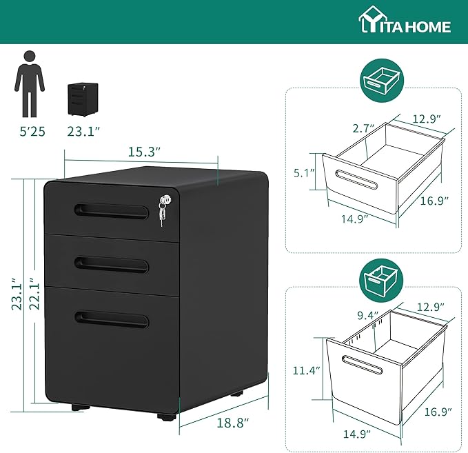 YITAHOME 3-Drawer Metal Mobile File Cabinet, Rolling Filing Cabinet with Lock, Filing Cabinet Under Desk fits Legal/A4 Size for Home/Office, Fully Assembled,Black - LeafyLoom