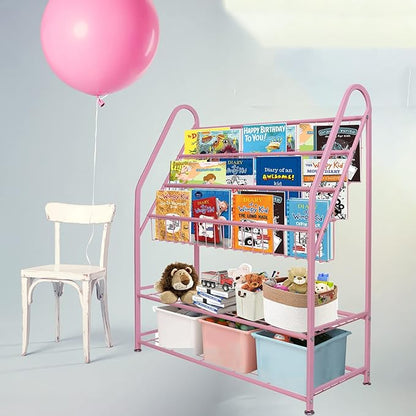 aboxoo Metal Kids Bookshelf Pink Bookcase Freestanding for Children Girls Room 32 inches Large Toddler Pink Stable Bookcase Bookstore Library Book Unit Storage - LeafyLoom