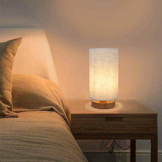 Small Bedside Night Table Lamp for Bedroom, Minimalist Nightstand Lamp with Round Fabric Linen Shade, Study Reading Desk Lamp for Kids Room, Living Room, College Dorm, Home, Office - LeafyLoom