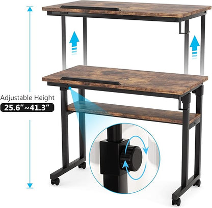 Small Portable Rolling Computer Desk Height Adjustable Standing Table, Brown - LeafyLoom