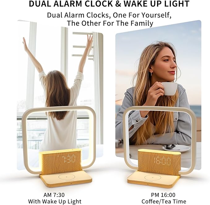 Touch Lamp with Alarm Clock Wireless Charging 3 Level Dimmable Bedside Lamps for Bedroom Living Room,Sunrise Clock LED Wake-up Light with Natural White Noise Sound Desk Lamp for Reading Office. - LeafyLoom