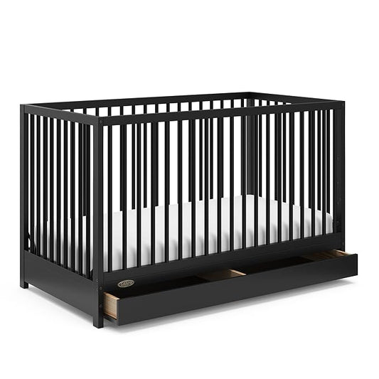 Graco Teddi 5-in-1 Convertible Crib with Drawer (Black) – GREENGUARD Gold Certified, Crib with Drawer Combo, Full-Size Nursery Storage Drawer, Converts to Toddler Bed, Daybed and Full-Size Bed - LeafyLoom