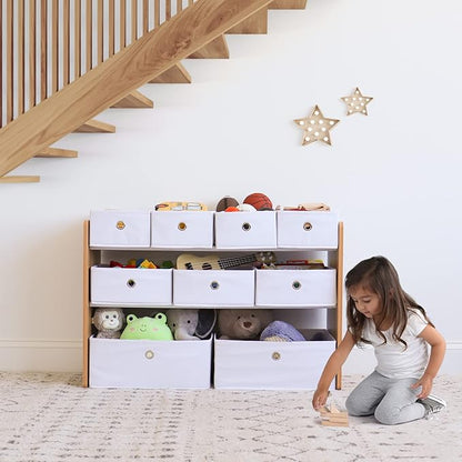 Humble Crew Kids Toy Organizer with 9 Collapsible Fabric Storage, Natural Wood and White Bins - LeafyLoom