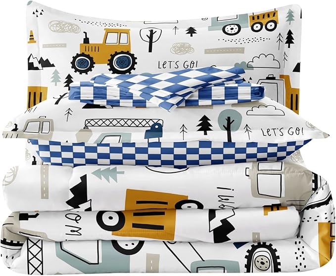 4-Pcs Construction Twin Size Boys Bedding Set, Kids Comforter Set for Teens w/Sheets and Pillowcase, Soft Cartoon Tractor Cars Bed in a Bag Sets - LeafyLoom